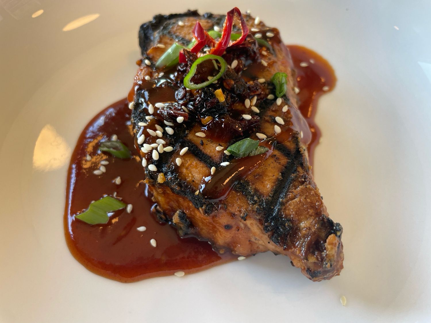Grilled Korean BBQ Pork Chops with Steamed Rice and Roasted Broccoli with Chilies