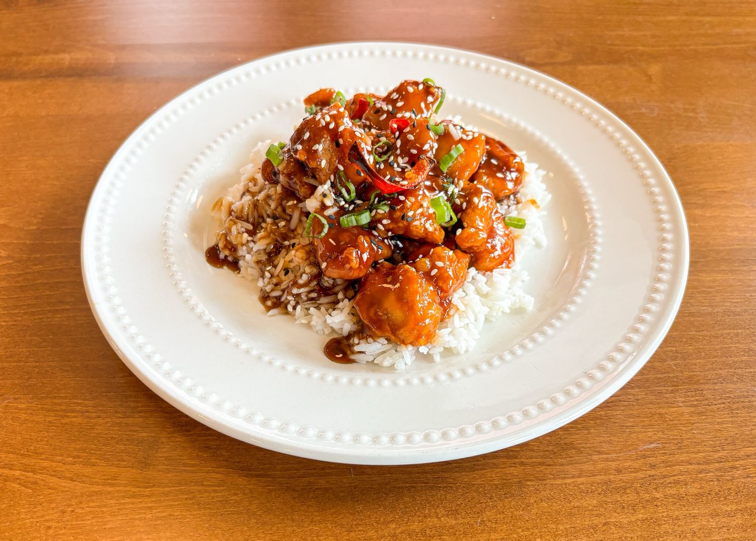 General Tso's Chicken with Rice and Broccoli with Chilies General Tso's Chicken with Rice and Broccoli with Chilies