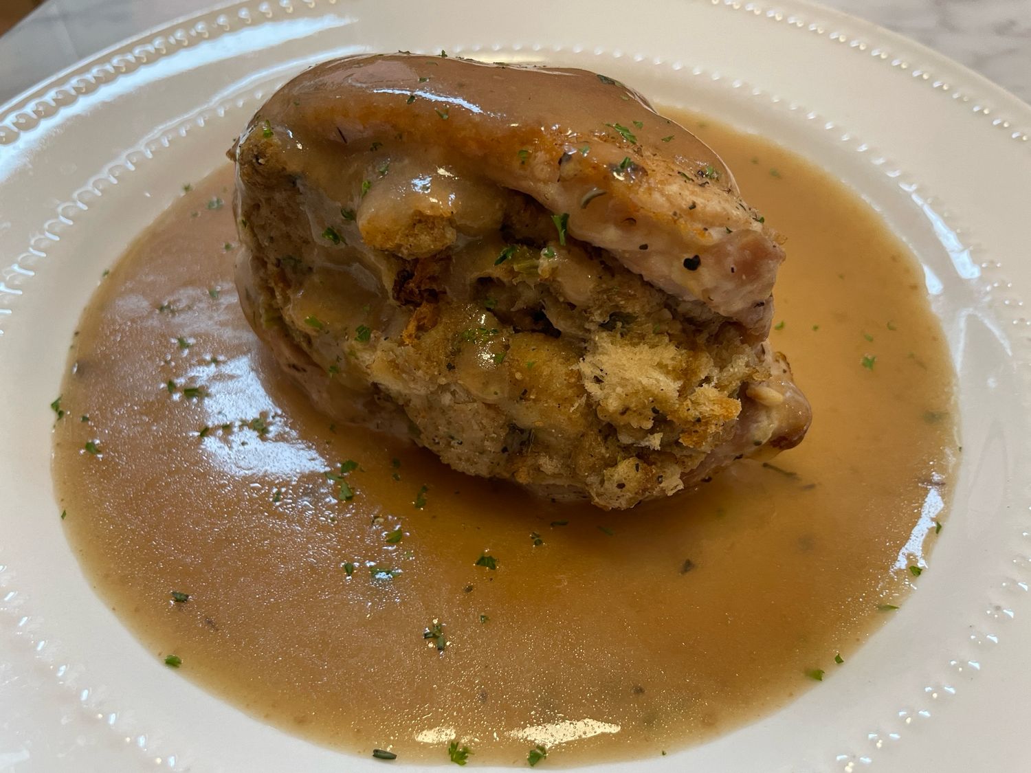 Stuffed Pork Chops with Gravy, Mashed Potatoes and Applesauce