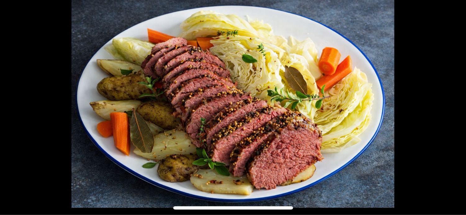 Corned Beef & Cabbage, with Roasted Carrots and Boiled Parsley Potatoes