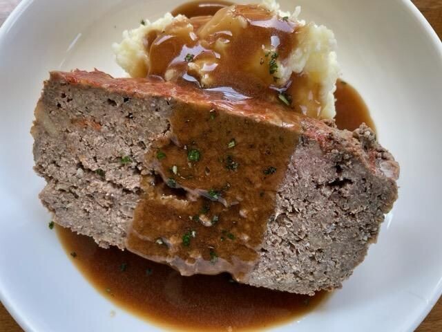 Meatloaf with Brown Gravy, Mashed Potatoes and Green Bean Almondine Meatloaf with Brown Gravy, Mashed Potatoes and Green Bean Almondine
