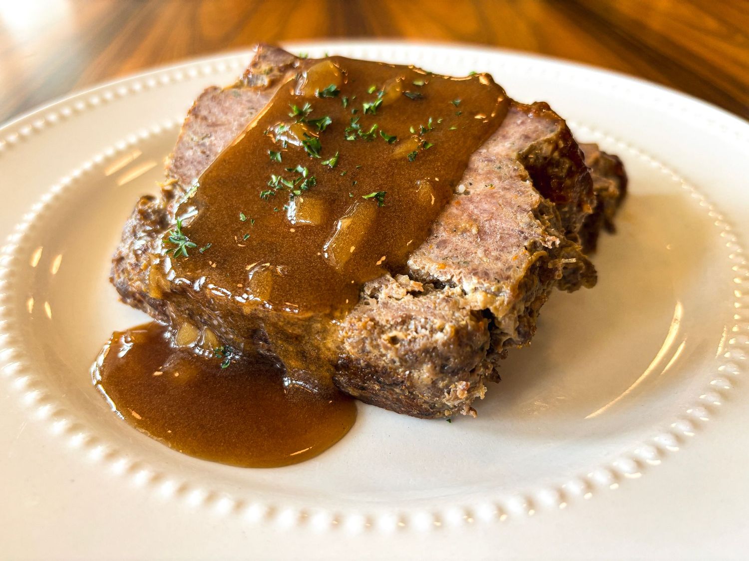 Meatloaf with Brown Gravy, Mashed Potatoes and Green Beans Almondine Meatloaf with Brown Gravy, Mashed Potatoes and Green Beans Almondine