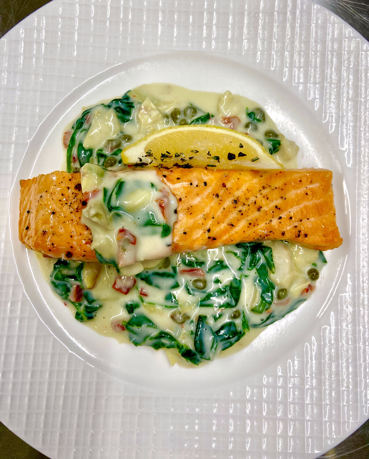 Tuscan Salmon with Quinoa Pilaf and Buttered Green Beans