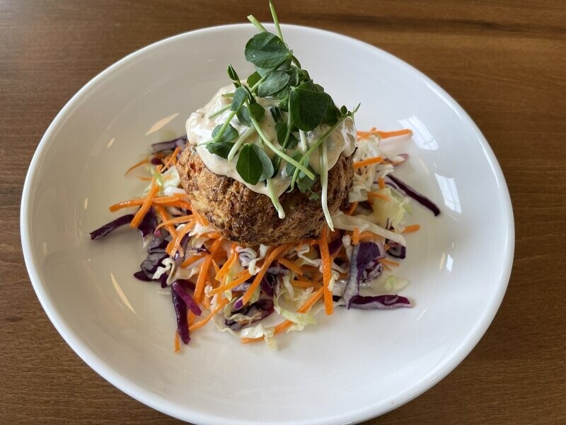 Salmon Cakes with Dilly Potatoes and Rainbow Slaw