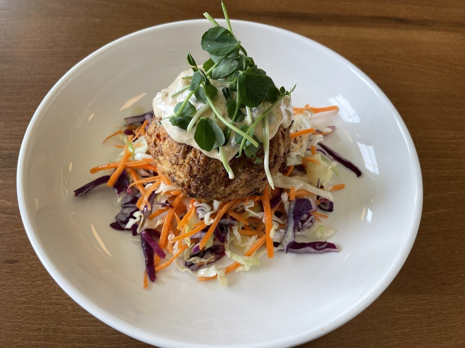 Salmon Cakes with Dilly Potatoes and Rainbow Slaw - Single Serving Meal Salmon Cakes with Dilly Potatoes and Rainbow Slaw - Single Serving Meal