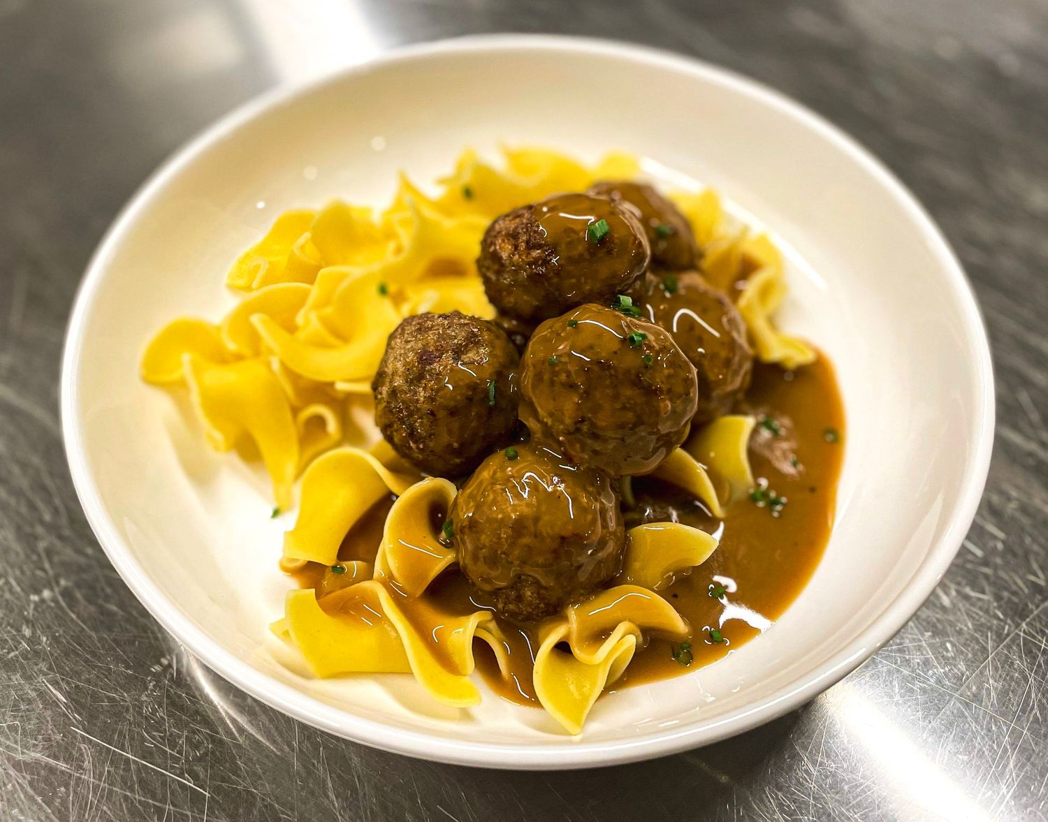 Swedish Meatballs with Buttered Noodles and  Seasonal Harvest Veggies - Single Serving Meal