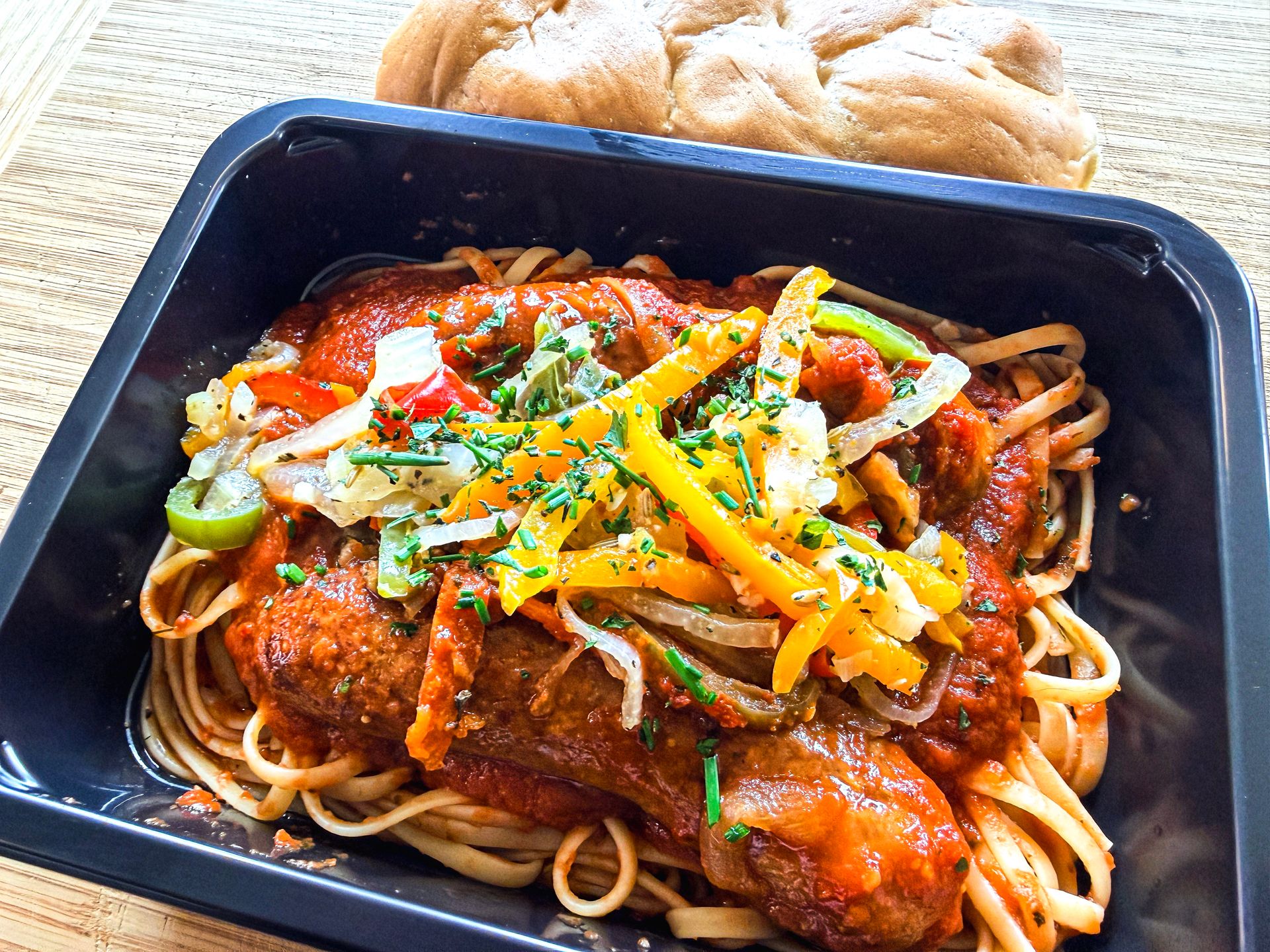 Hot Sausage with Peppers & Onions served with a Pasta Bake and a Mancini's Mini Twist - Single Serving Meal