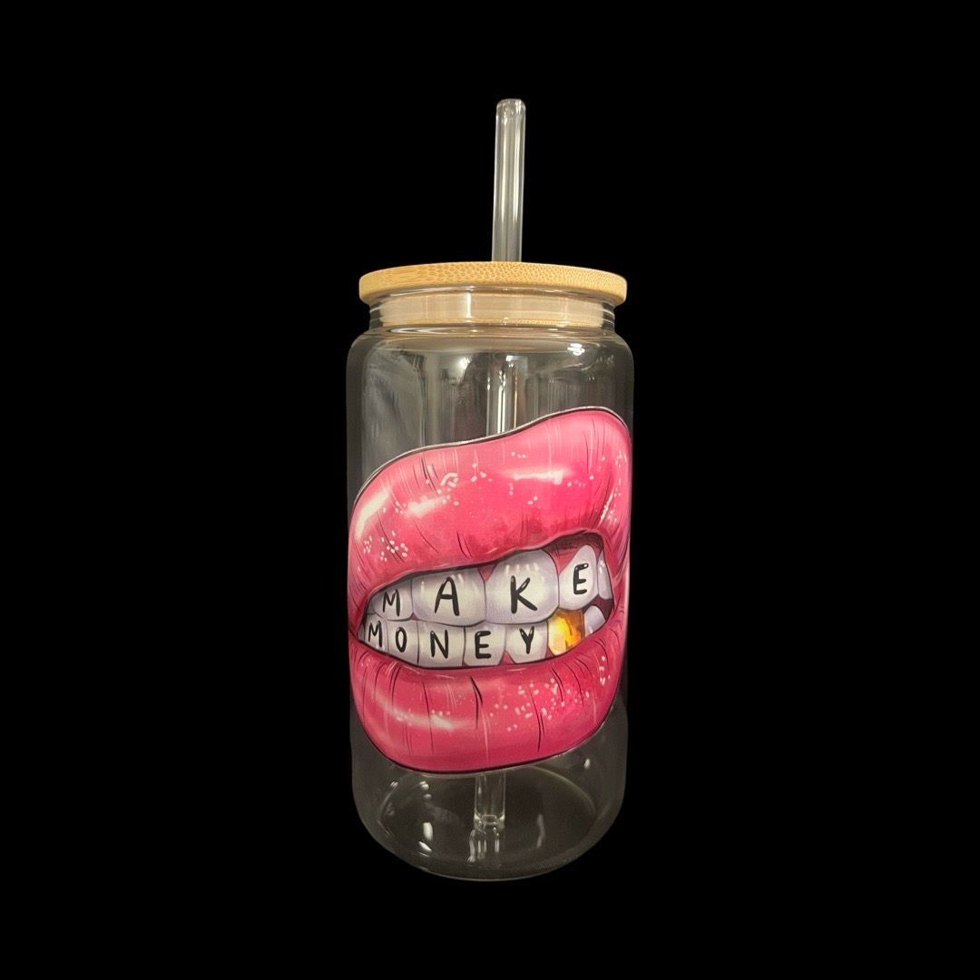 Make Money Glass Tumbler Cup with Bamboo Lid &amp; Straw | 16oz Iced Coffee Cup | Boss Babe Aesthetic Gift