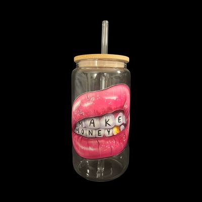 Make Money Glass Tumbler Cup with Bamboo Lid &amp; Straw | 16oz Iced Coffee Cup | Boss Babe Aesthetic Gift
