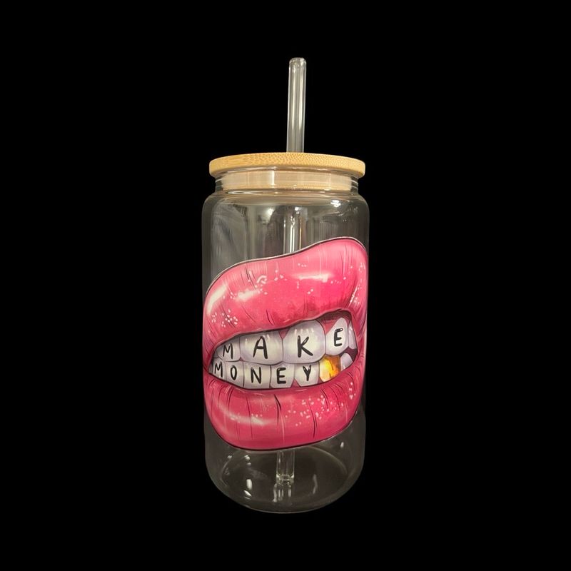 Make Money Glass Tumbler Cup with Bamboo Lid &amp; Straw | 16oz Iced Coffee Cup | Boss Babe Aesthetic Gift