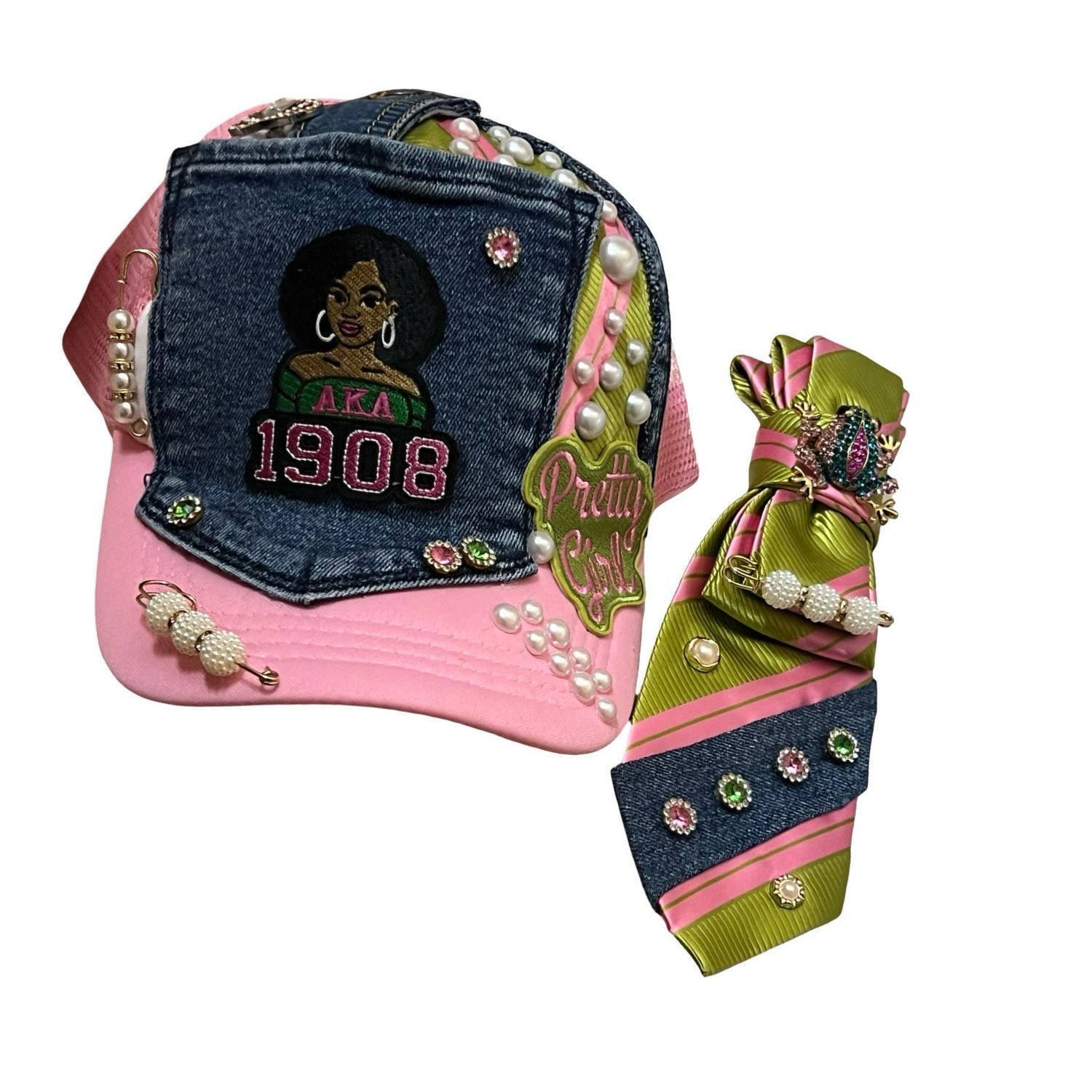 Pink And Green 1908 Tie And Hat Combo