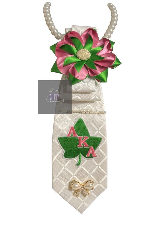 Pink And Green Flower Tie White