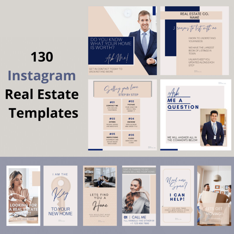 130 REAL ESTATE Instagram Templates| Editable Realtor Canva Template Pack | Instagram Square Posts &amp; Stories