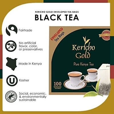 Kenya Origin - Kericho Gold Black Tea - Rich in Antioxidants - Orange Pekoe Tea - Unique Flavor - 100 Envelopes Tea Bags