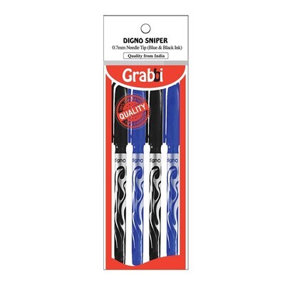 Grabbit - Digno Sniper Ball Pen (Black x 2 + Blue x 2) 0.7mm Needle Tips