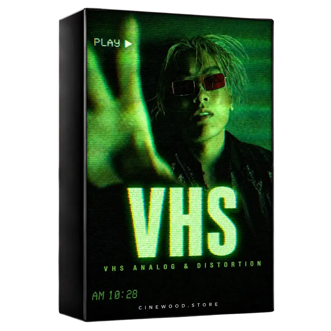 VHS retro glitch overlay pack — analog distortion, scanlines and vintage tape effects for video editing in Premiere Pro 
