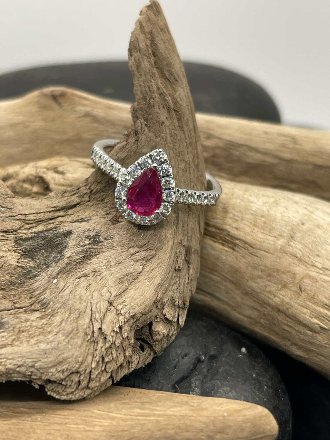 Ruby And Diamond Halo Pear Ring