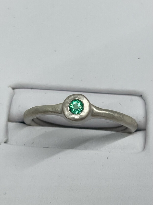 Hammered Silver And Emerald Bezel Stack Ring