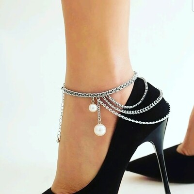 2 Pcs Silver Faux Pearl Anklet Set