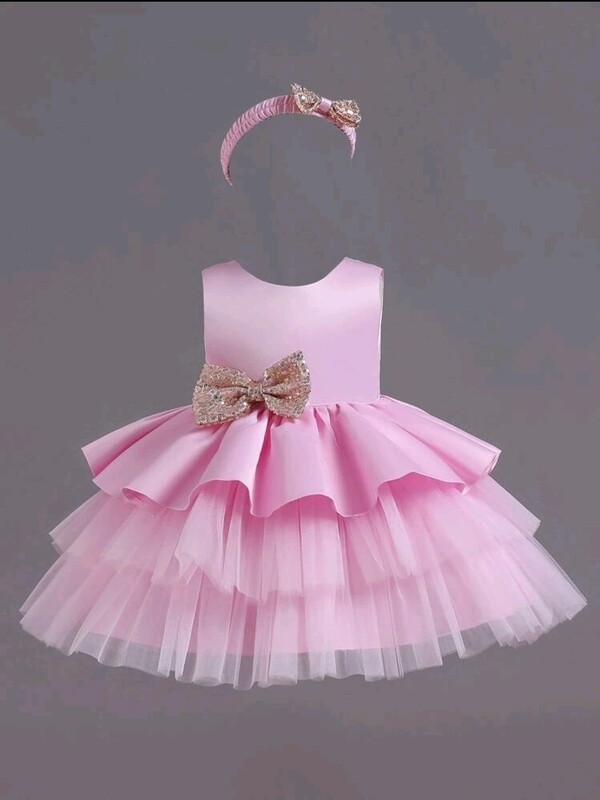 Girls Pink Big Bow Layered Mesh Dress Set