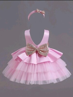 Girls Pink Big Bow Layered Mesh Dress Set