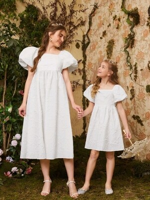 Mom and Me Floral Appliqués Balloon Sleeve Dress