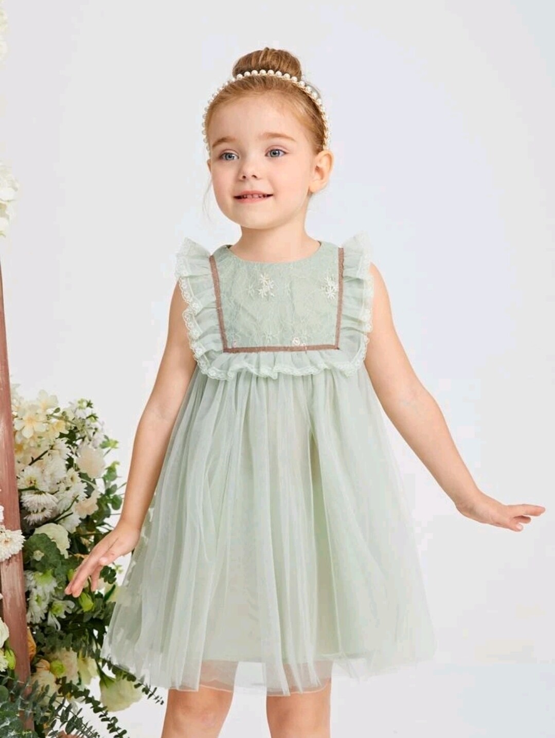 Mint Flower Ruffle Mesh Dress