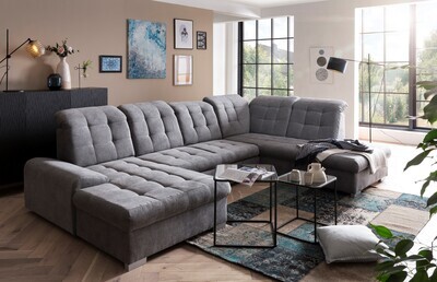 WOHNLANDSCHAFT &quot;NEBRASKA&quot; mit BETTFUNKTION &amp; STAURAUM grau