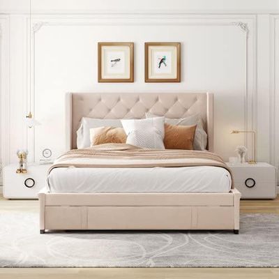 POLSTERBETT 140cm beige mit STAURAUM