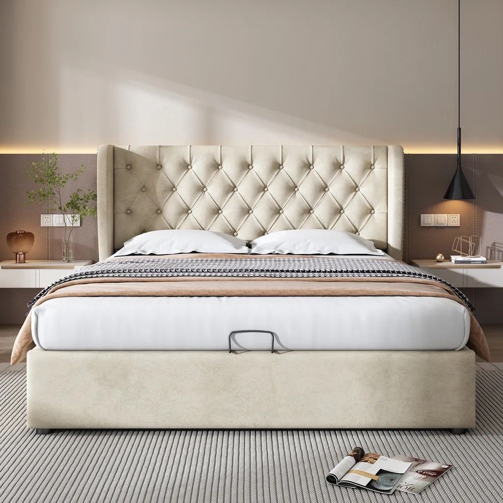 POLSTERBETT BEIGE 180CM mit STAURAUM