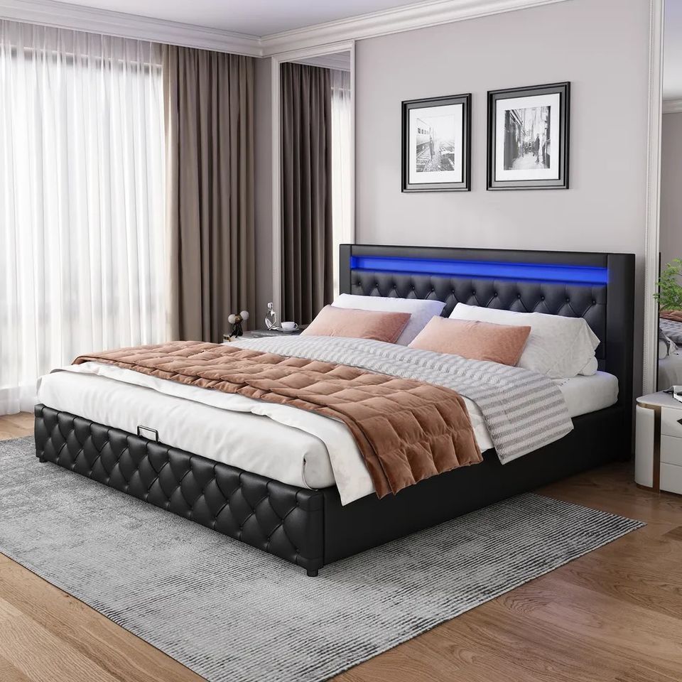 POLSTERBETT SCHWARZ 180cm mit STAURAUM &amp; LED-LICHT