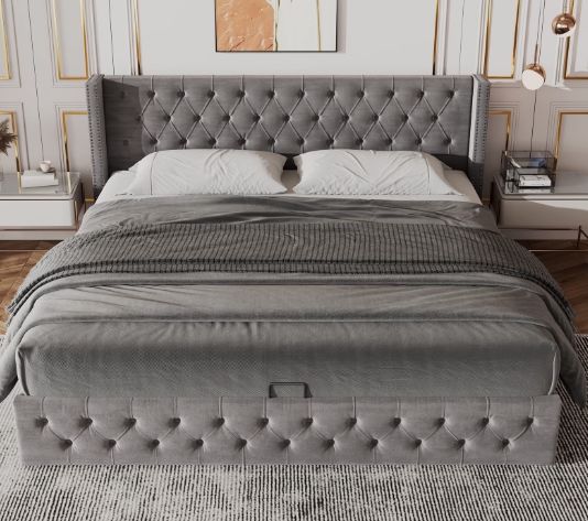 POLSTERBETT SAMT grau 140cm mit STAURAUM