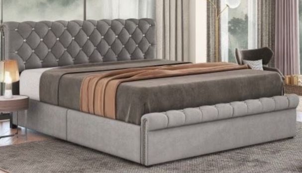 POLSTERBETT SAMT grau 140cm mit KRISTALLSTEINEN
