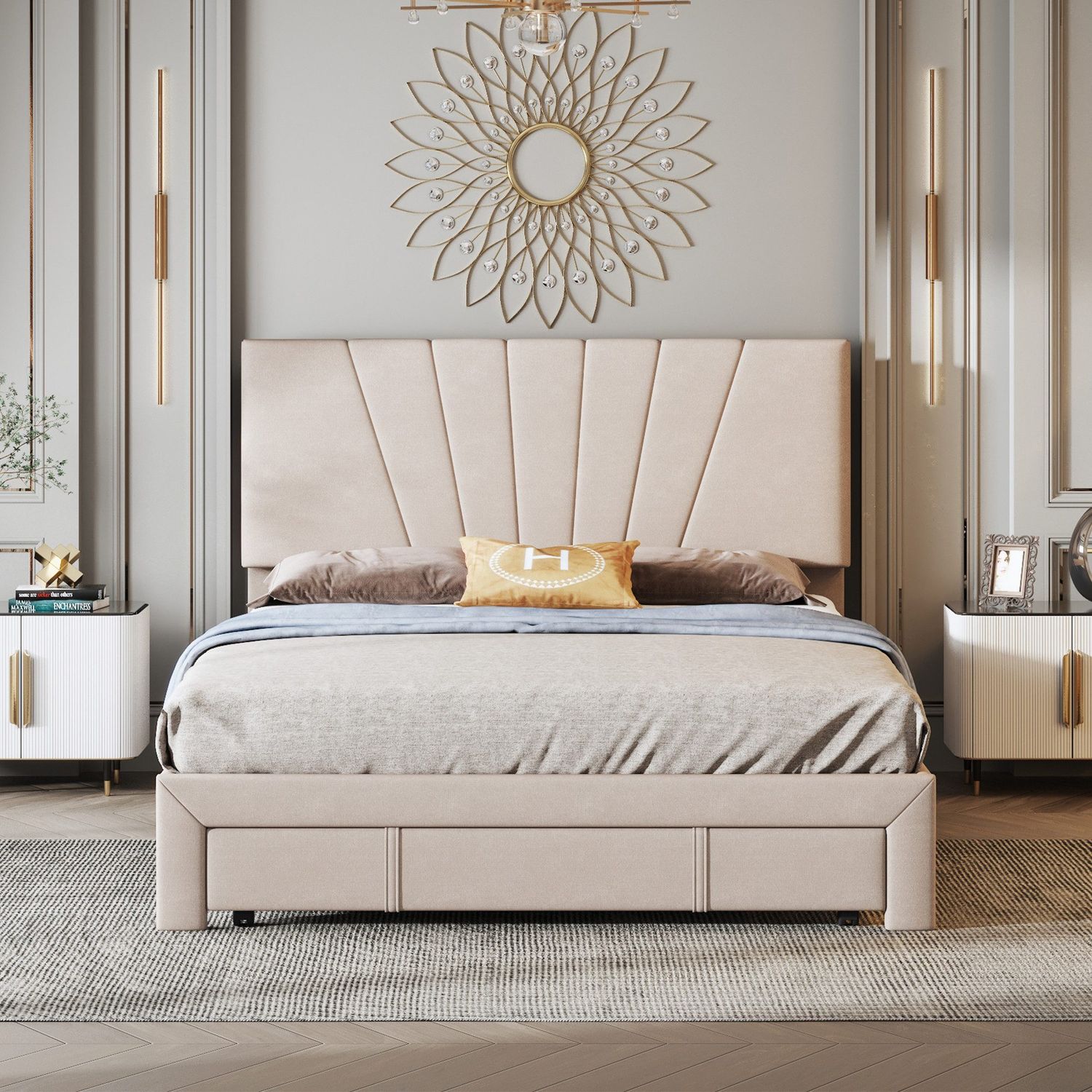 POLSTERBETT BEIGE 140CM mit STAURAUM