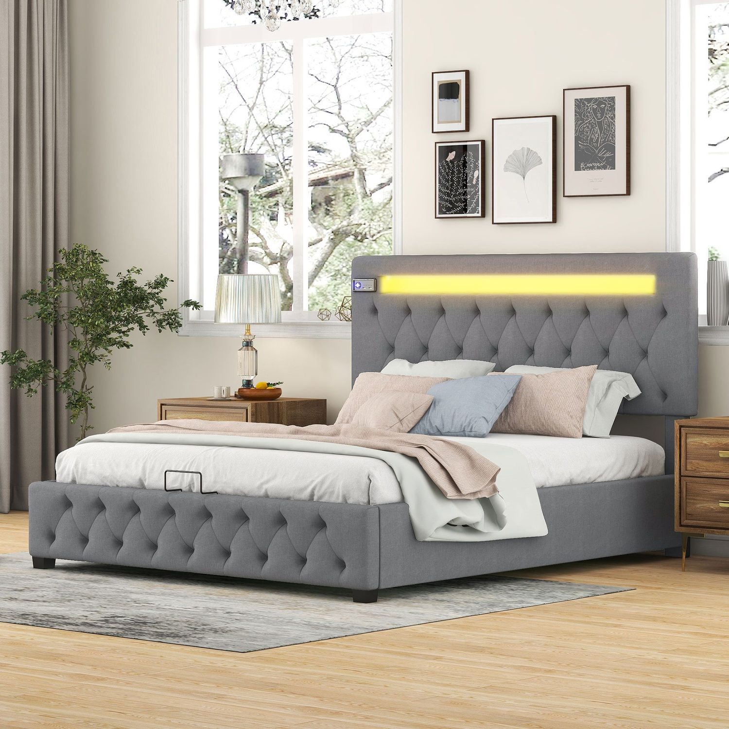 POLSTERBETT GRAU 140cm mit LED BELEUCHTUNG
