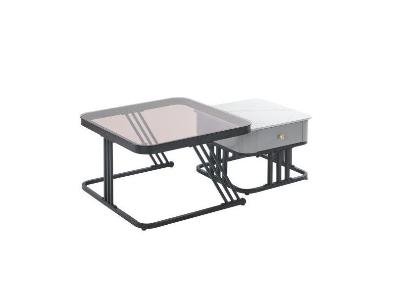 Zweiteiliger Couchtisch mit Nesting - Platte aus Meerglas und Marmorschiefer mit Schubladen