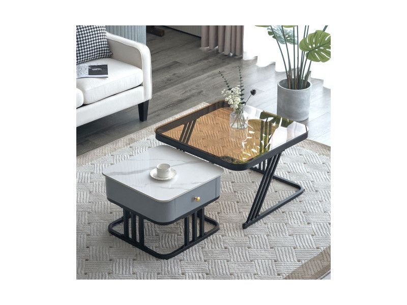 Zweiteiliger Couchtisch mit Nesting - Platte aus Meerglas und Marmorschiefer mit Schubladen