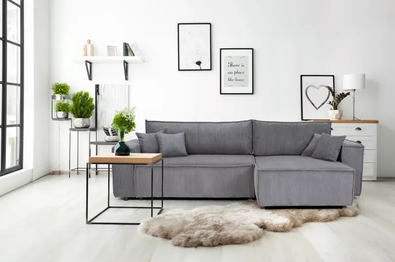 ECKSOFA "NIZZA" SAMTCORD grau MIT BETTFUNKTION ECKSOFA "NIZZA" SAMTCORD grau MIT BETTFUNKTION