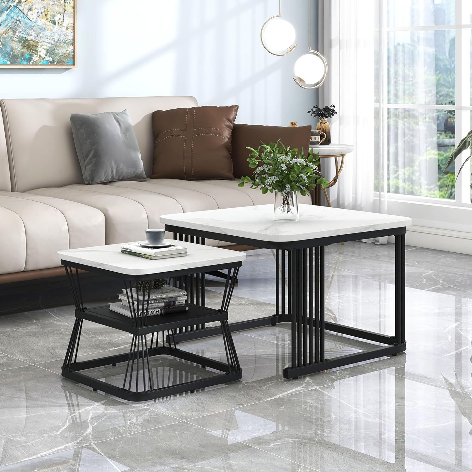 COUCHTISCH MIT BEISTELLTISCH MARMOROPTIK