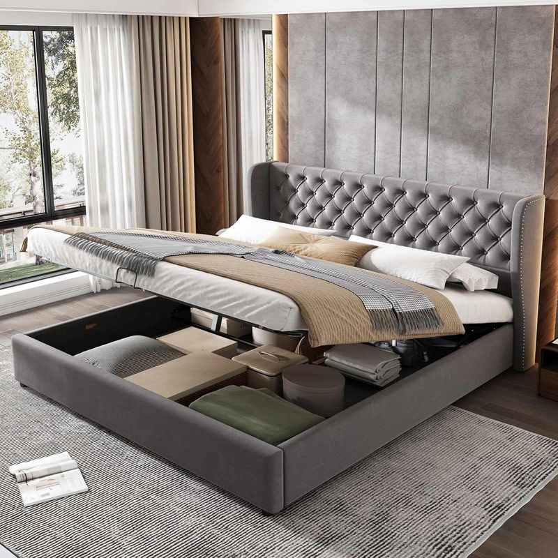 POLSTERBETT SAMT grau 140cm mit STAURAUM