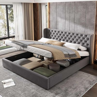 POLSTERBETT SAMT grau 140cm mit STAURAUM