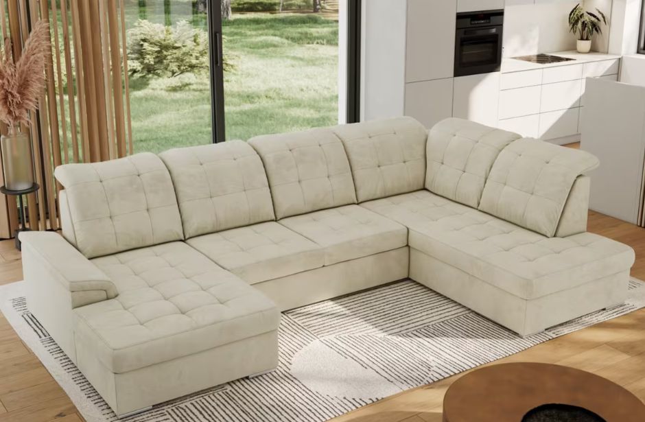 WOHNLANDSCHAFT "NEBRASKA" mit BETTFUNKTION &amp; STAURAUM SAMTKORD CREME