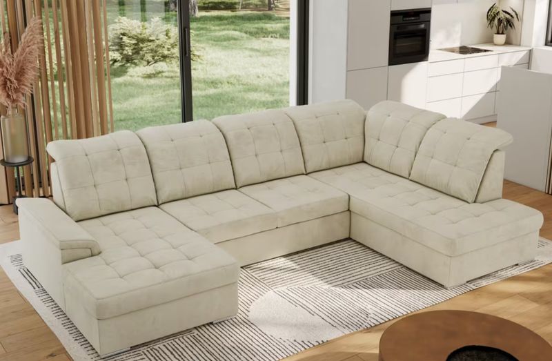 WOHNLANDSCHAFT "NEBRASKA" mit BETTFUNKTION & STAURAUM SAMTKORD CREME WOHNLANDSCHAFT "NEBRASKA" mit BETTFUNKTION & STAURAUM SAMTKORD CREME