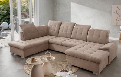 WOHNLANDSCHAFT "NEBRASKA" mit BETTFUNKTION &amp; STAURAUM braun Samt