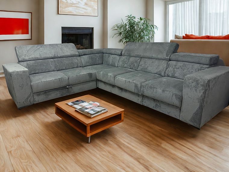ECKSOFA "FEWA"  links/rechts  montierbar  MIT BETTFUNKTION &amp; BETTKASTEN SAMTKORD GRAU