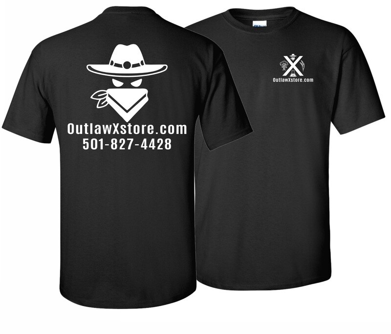 Outlaw X black T-shirt featuring a cowboy graphic and website details, promoting Outlaw X merchandise and contact information.