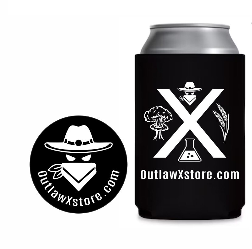 Outlaw X coozie featuring logo with a cowboy hat, bandana, explosion graphic, laboratory flask, and wheat symbol, promoting the Outlaw X brand for shooting sports and ammonium nitrate products.
