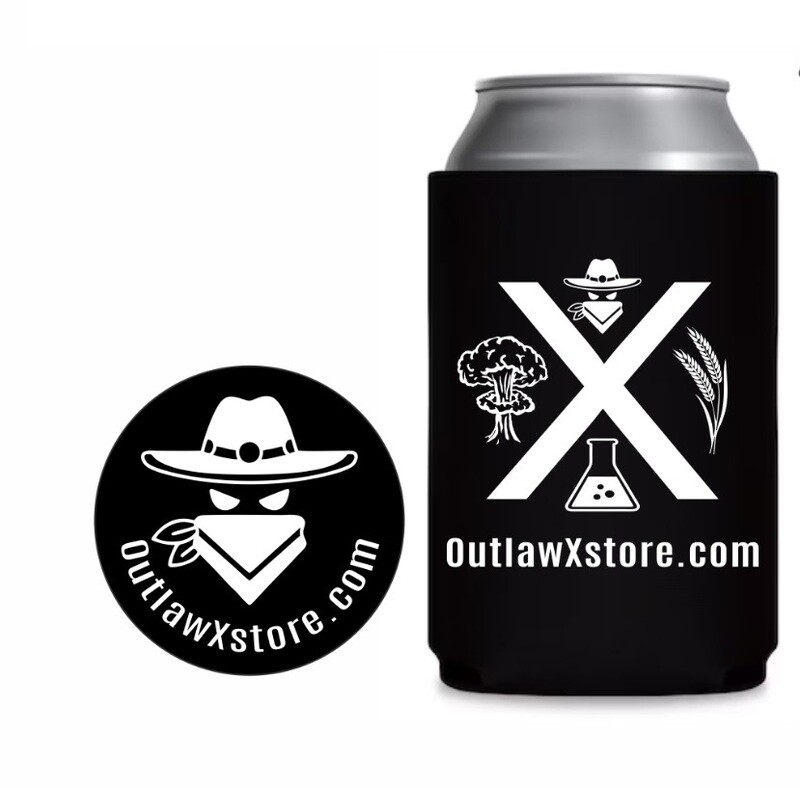 Outlaw X coozie featuring logo with hat, bandana, and explosive imagery, emphasizing ammonium nitrate and target practice theme.
