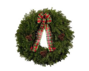 25" Wreath with plaid bow and  3 plain pinecones