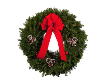30" Wreath with bow and frosted pinecones